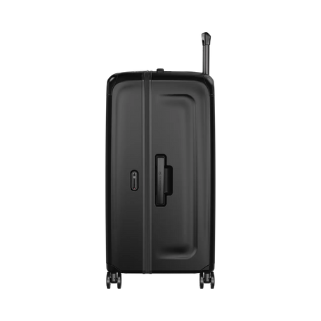 Black hardshell suitcase with wheels and a retractable handle.