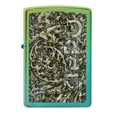 Zippo lighter with an intricate camouflage-style design featuring the Zippo logo.