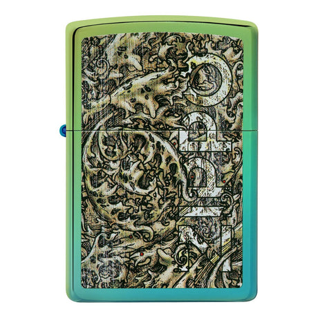 Zippo lighter with an intricate camouflage-style design featuring the Zippo logo.