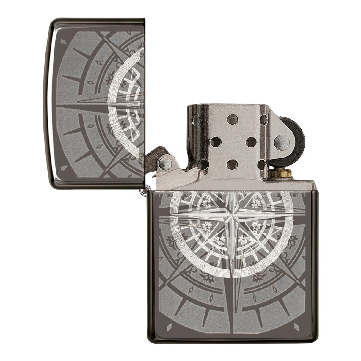 Metal lighter with an engraved compass rose design on its surface.