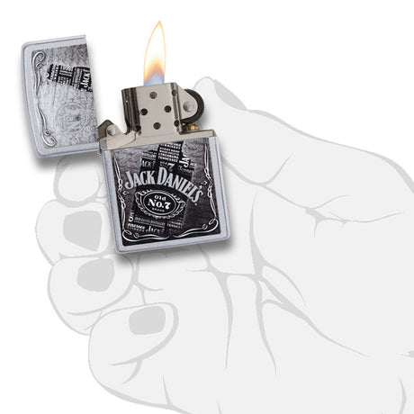Jack Daniel’s branded Zippo-style lighter with a lit flame.