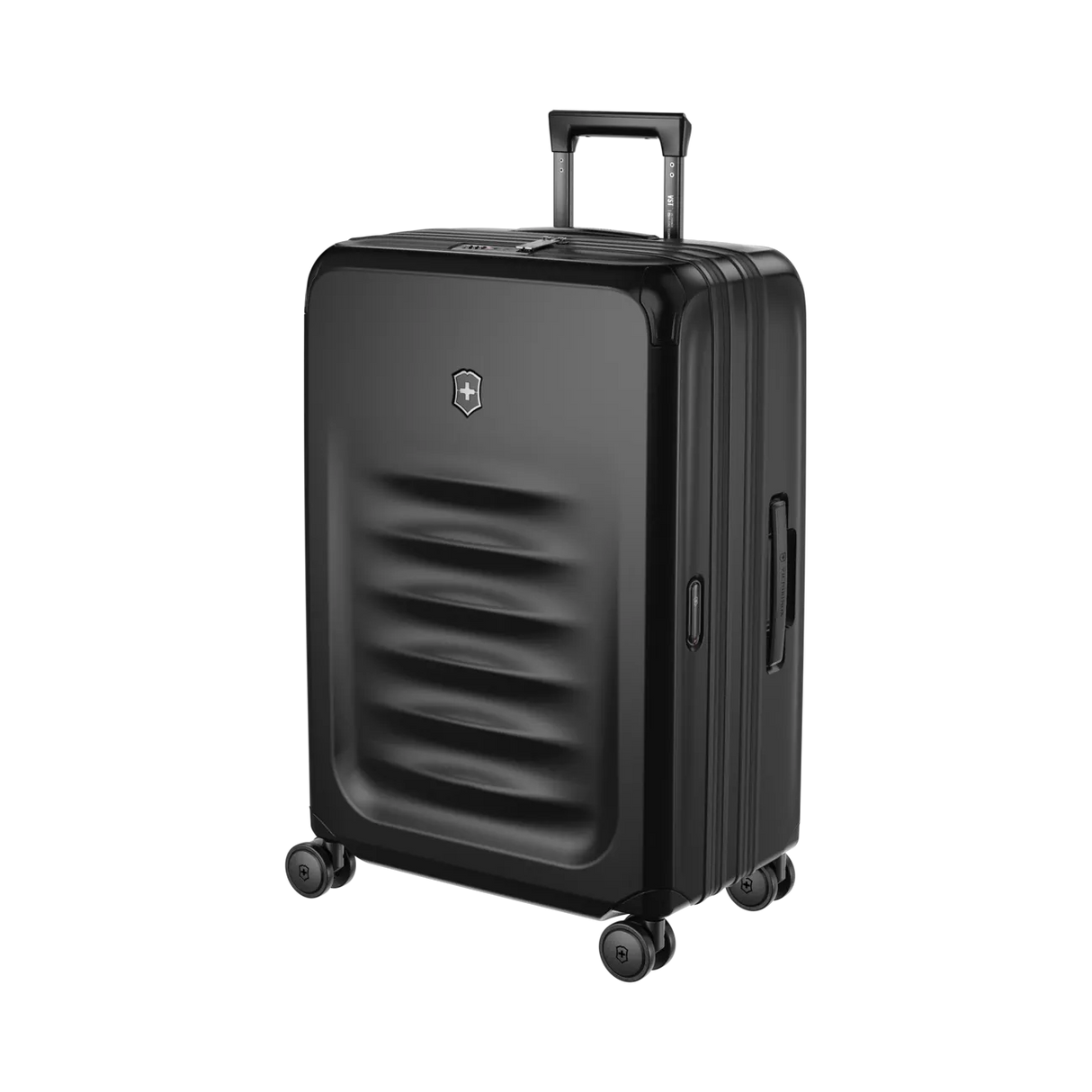 Black hardshell rolling suitcase with horizontal ridges on the front.