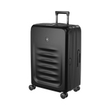 Black hardshell rolling suitcase with horizontal ridges on the front.