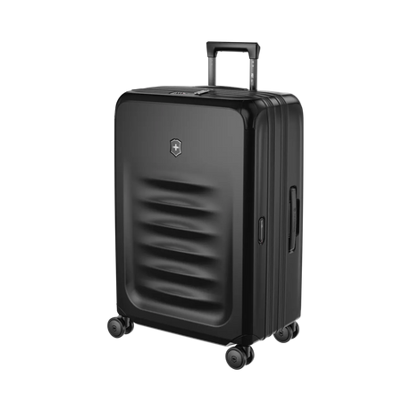 Black hardshell rolling suitcase with horizontal ridges on the front.