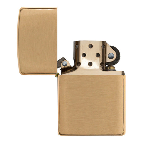 Gold-colored metal flip lighter with an open lid.