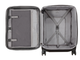 Open suitcase with interior compartments and straps visible.