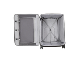 Open suitcase with interior compartments and mesh divider.