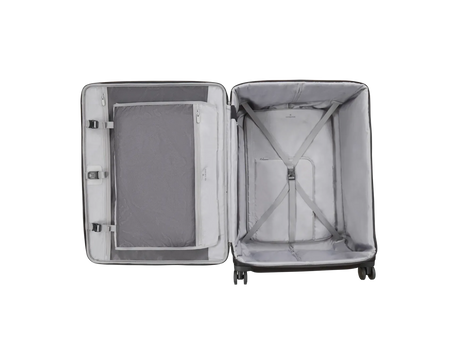 Open suitcase with interior compartments and mesh divider.