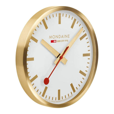 Gold-framed wall clock with a white face and red second hand.