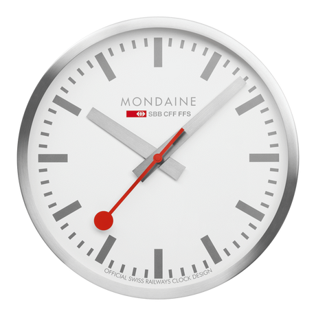Classic white analog wall clock with red hands and the Mondaine brand name.