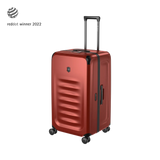 Red hardshell rolling suitcase with horizontal ridges and a retractable handle.
