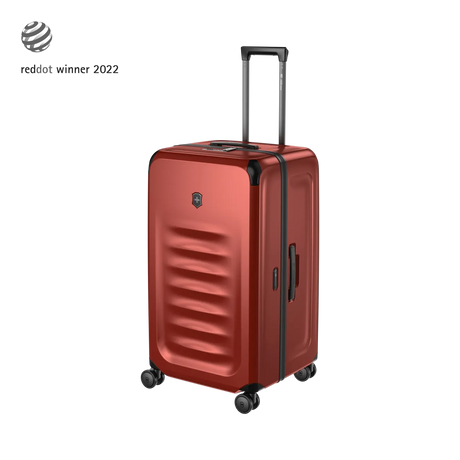 Red hardshell rolling suitcase with horizontal ridges and a retractable handle.