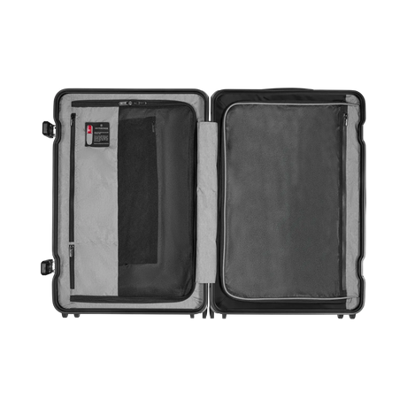 Open hard-shell suitcase with two compartments and interior pockets.
