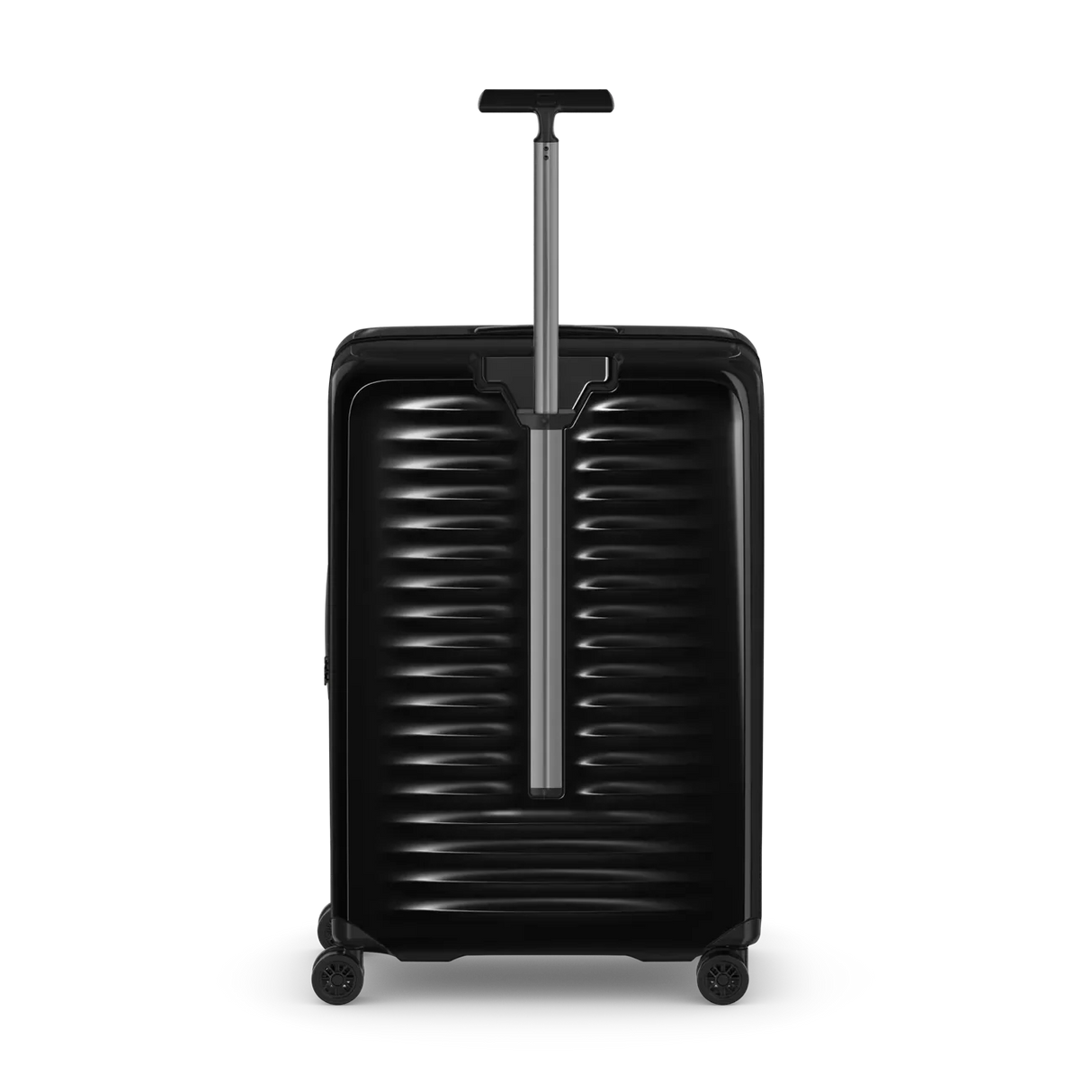 Black hard-shell rolling suitcase with horizontal ridges and an extendable handle.