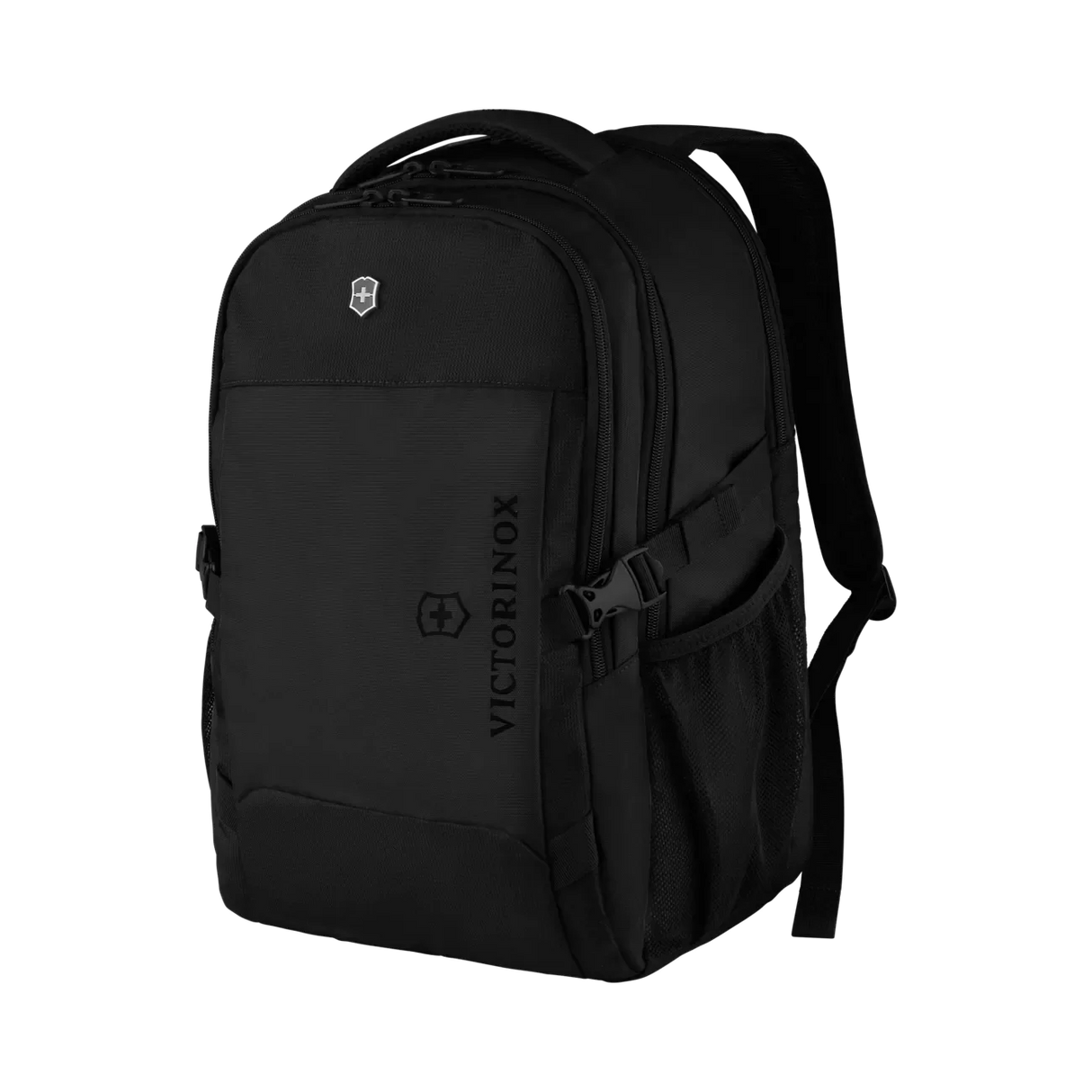 Black backpack with multiple compartments and padded straps.