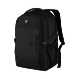Black backpack with multiple compartments and padded straps.