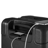 Black suitcase with a built-in USB charging port.