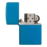 Bright blue metal lighter with an open lid, revealing the internal mechanism.