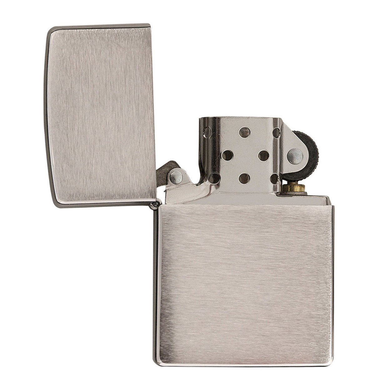 Brushed metal flip-top lighter with an open lid.
