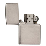Brushed metal flip-top lighter with an open lid.
