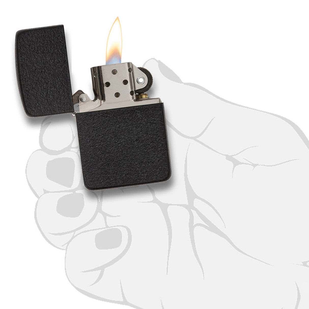 Lit black Zippo-style lighter held in a white-gloved hand.
