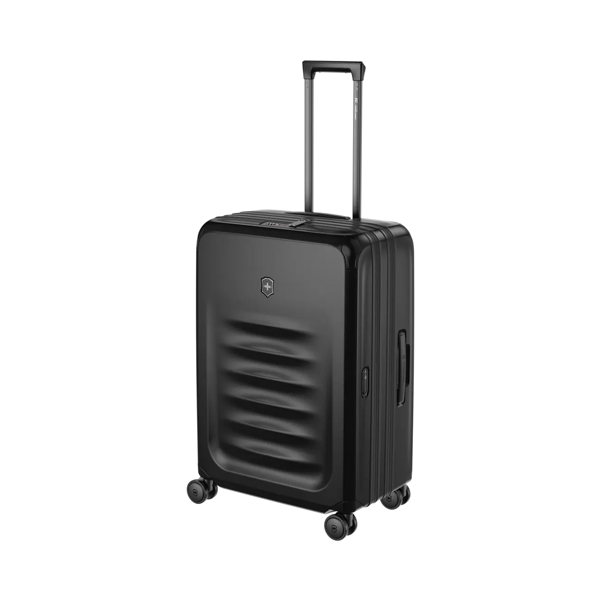 Black hardshell rolling suitcase with horizontal ridges on the front.