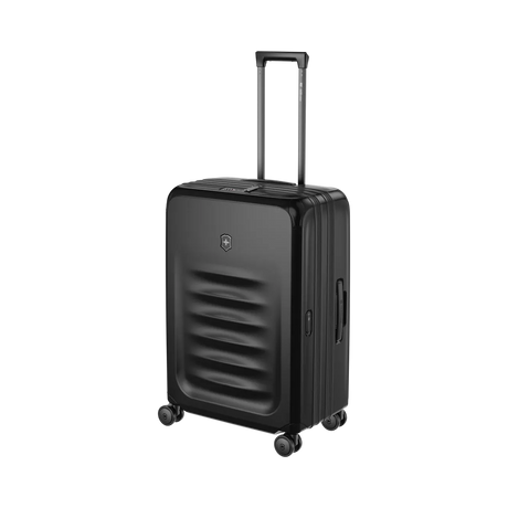 Black hardshell rolling suitcase with horizontal ridges on the front.