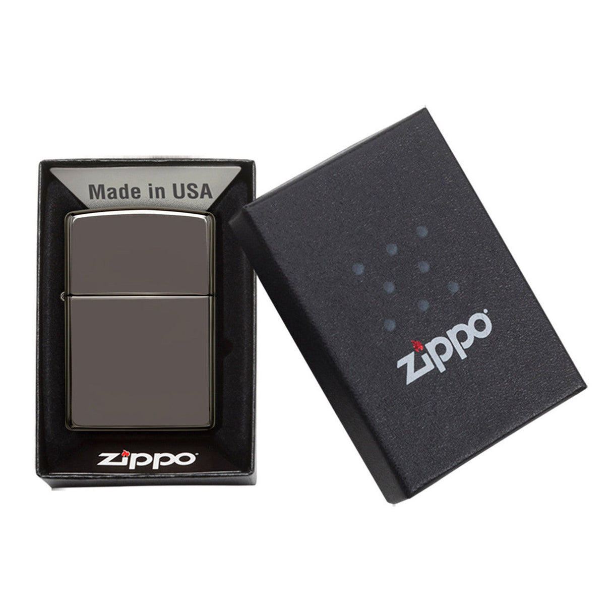 Metallic Zippo lighter displayed in its packaging box.