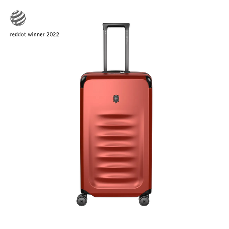 Red hardshell rolling suitcase with horizontal ridges and a retractable handle.