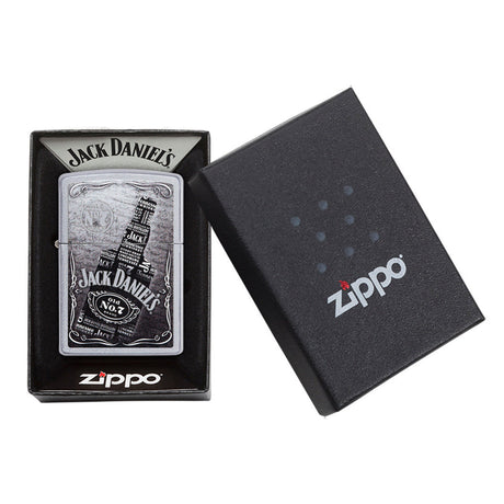 Zippo lighter with Jack Daniel’s whiskey bottle design in its packaging.
