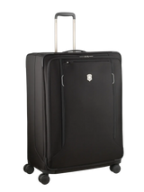 Black rolling suitcase with an extendable handle and wheels.