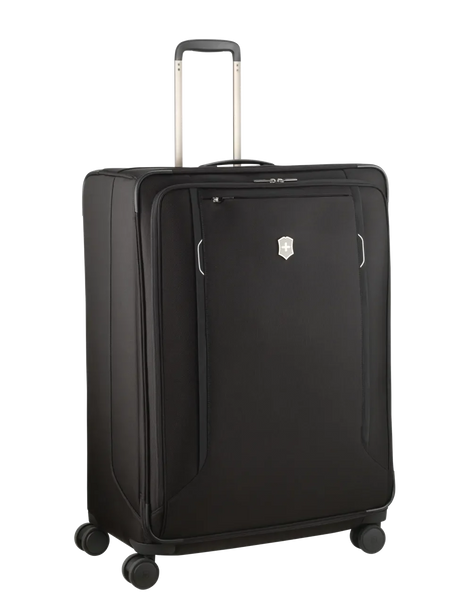 Black rolling suitcase with an extendable handle and wheels.