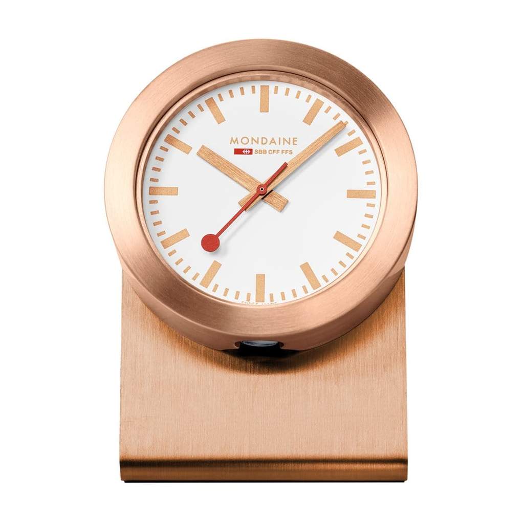 Rose gold desk clock with a white face and minimalist design.