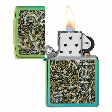 Zippo-style lighter with an intricate green and black floral design on its case, shown open with a flame lit.