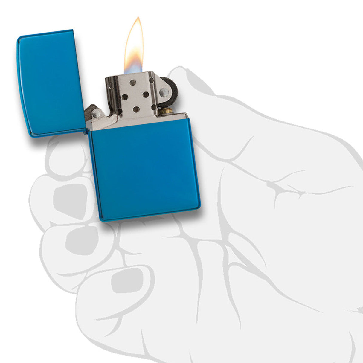 Blue Zippo-style lighter with a lit flame.