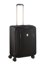 Black wheeled suitcase with an extendable handle.
