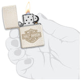 Lit Harley-Davidson branded Zippo-style lighter held by a transparent hand illustration.