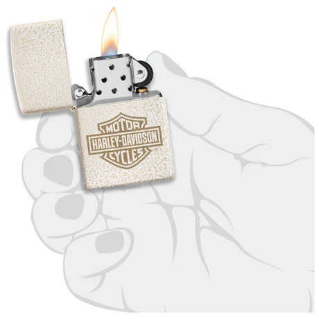 Lit Harley-Davidson branded Zippo-style lighter held by a transparent hand illustration.