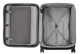 Open suitcase with compartments and straps for organizing belongings.