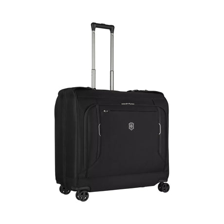 Black rolling garment bag with an extendable handle and wheels.