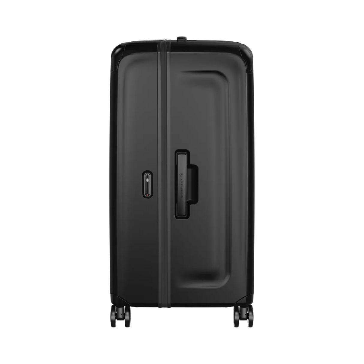 Black hardshell rolling suitcase with a handle and wheels.