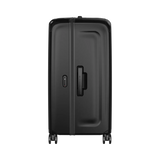 Black hardshell rolling suitcase with a handle and wheels.