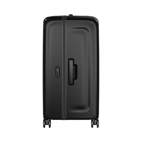 Black hardshell rolling suitcase with a handle and wheels.
