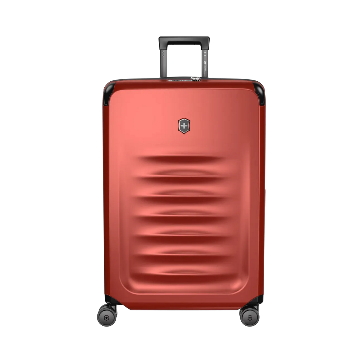 Red hardshell rolling suitcase with horizontal ridges and a retractable handle.