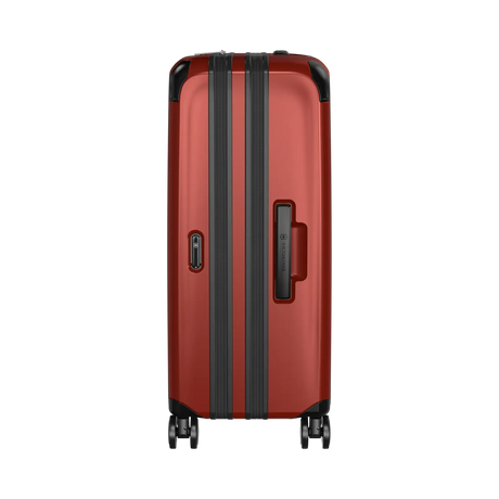 Red hardshell suitcase with black trim and wheels.