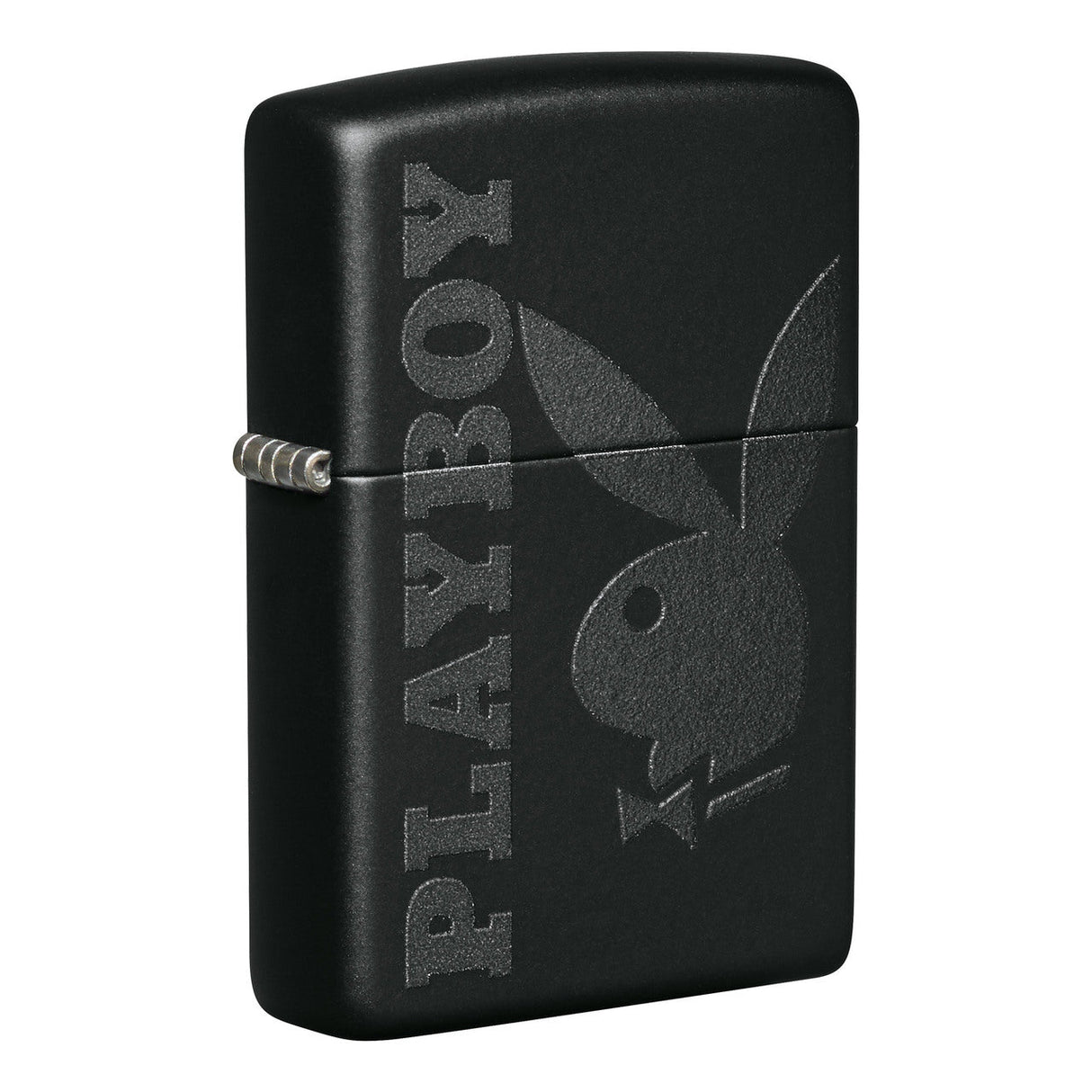 Black Zippo lighter with the Playboy bunny logo and ’PLAYBOY’ text engraved on its surface.