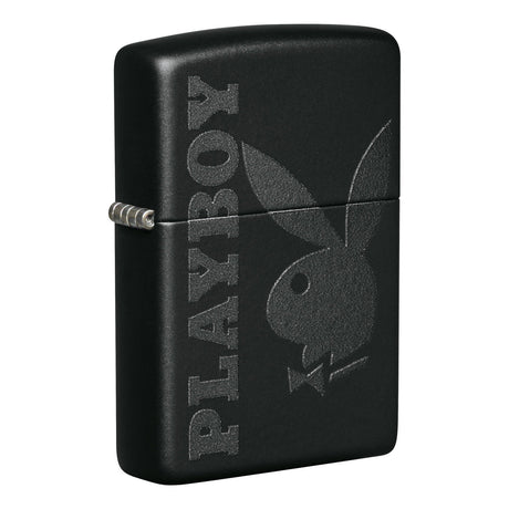 Black Zippo lighter with the Playboy bunny logo and ’PLAYBOY’ text engraved on its surface.