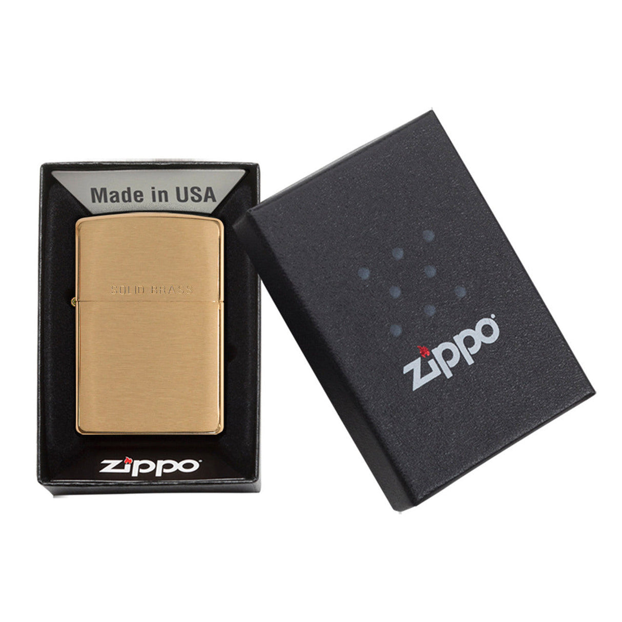 Gold-colored Zippo lighter in its packaging.