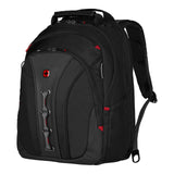 Black backpack with red accents and multiple compartments.