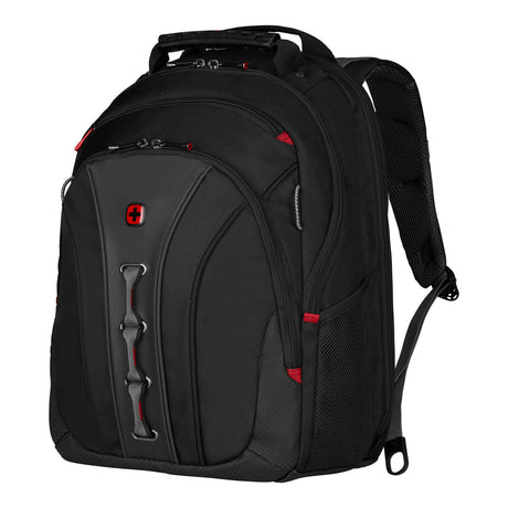 Black backpack with red accents and multiple compartments.